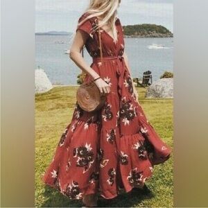 Free People “All I Got” Floral Tiered Pleated Maxi Dress Rust Red